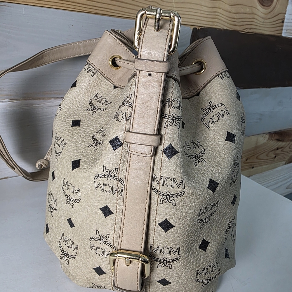 MCM Tan Monogram Drawstring Bucket Bag - image 12